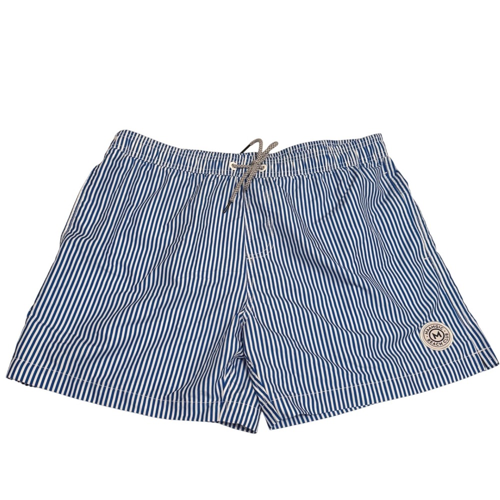 Maamgic Beach Club Mens Blue White Striped Swim Trunks Size L Drawstring Shorts